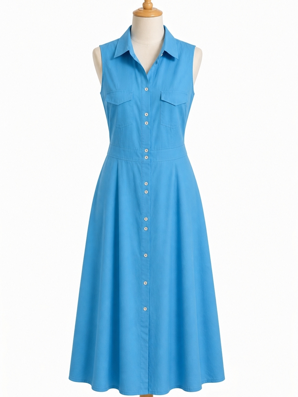 Sleeveless Button-Front Blue Maxi Dress